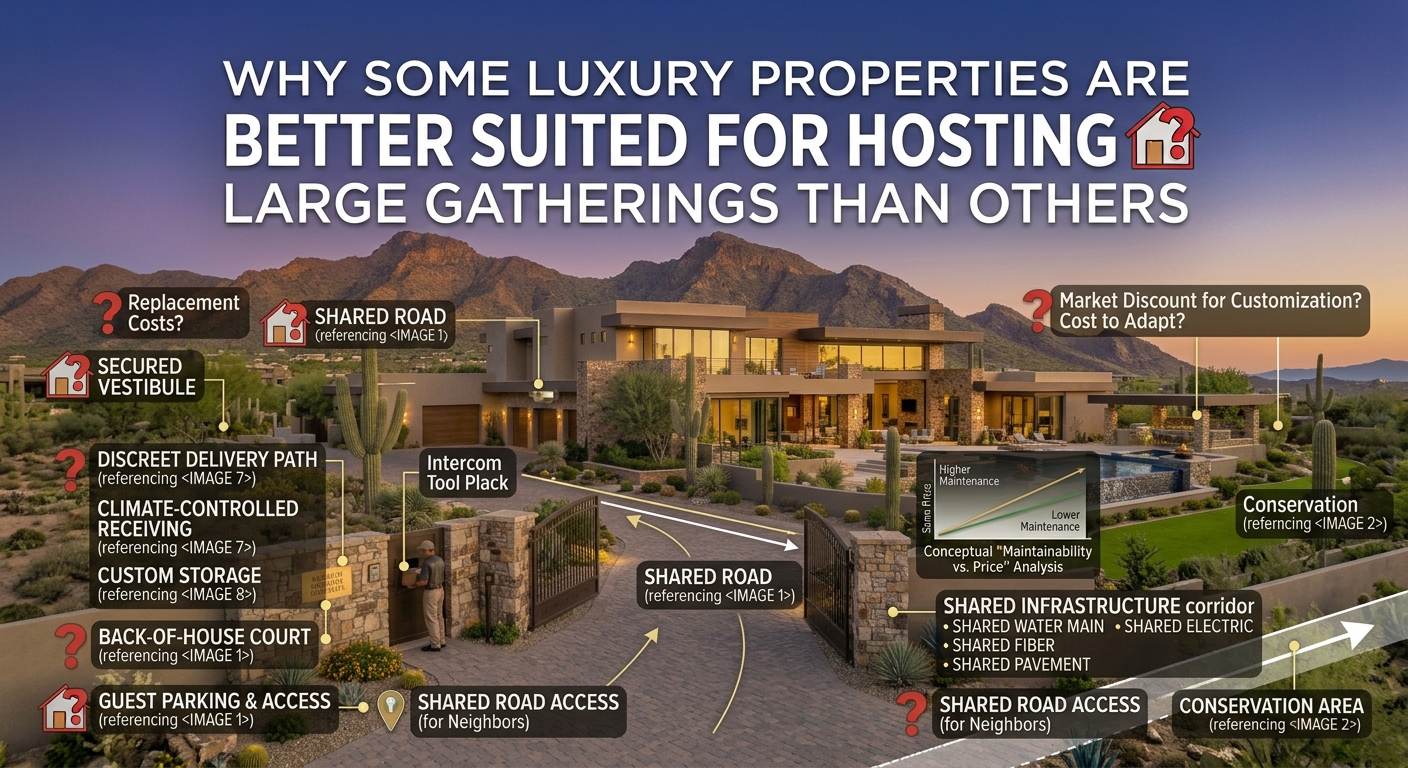 Expansive Arizona luxury estate with resort-style outdoor entertaining area, pool, covered patio, spacious kitchen, and guest-friendly layout overlaid with text: Why Some Luxury Properties Are Better Suited for Hosting Large Gatherings Than Others