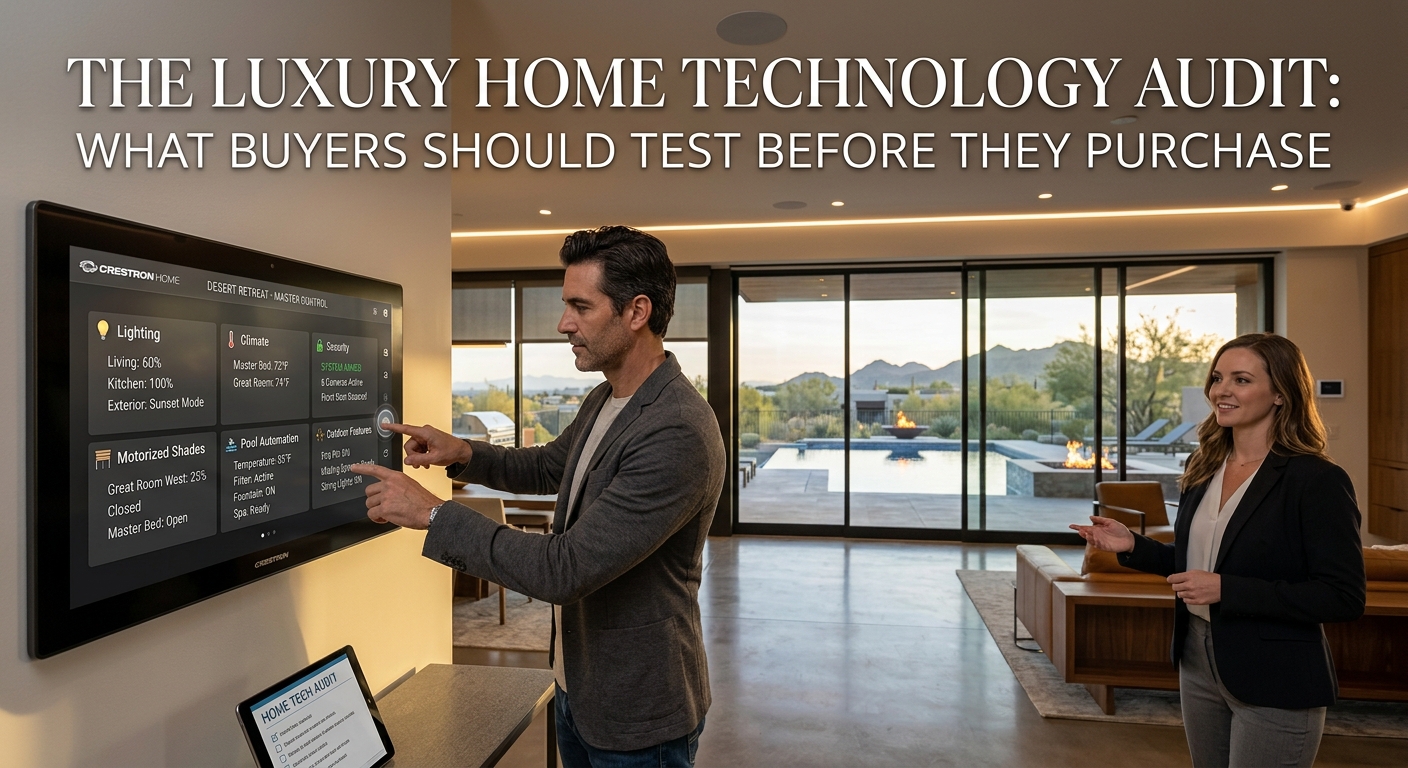 Modern Arizona luxury home with an advanced smart-home control system displaying lighting, climate, security, motorized shades, pool automation, and outdoor features, illustrating the technology buyers should test before purchasing a luxury property overlaid with text: The Luxury Home Technology Audit: What Buyers Should Test Before They Purchase 