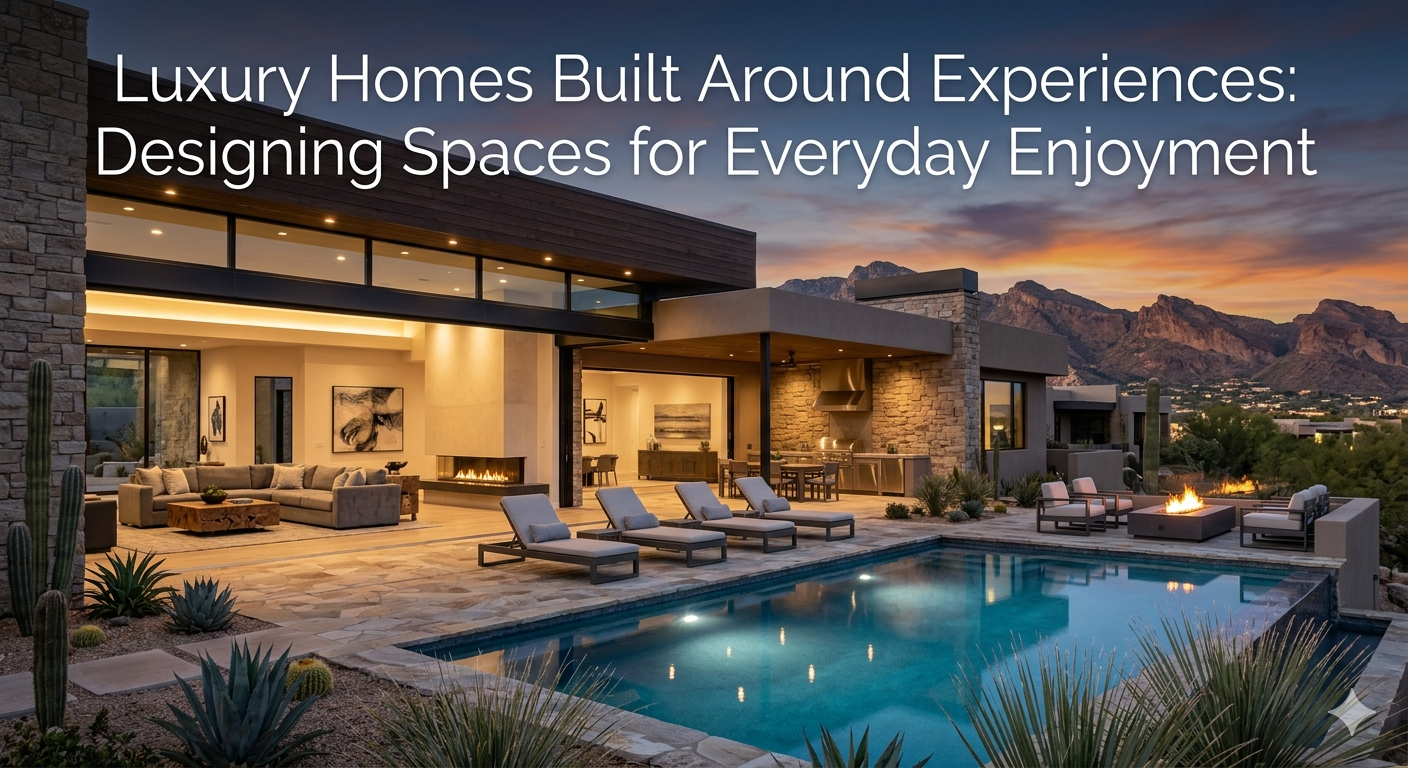 Modern Arizona luxury home with seamless indoor-outdoor living design, resort-style pool, open-concept entertainment spaces, and desert mountain views, representing experiential luxury home design focused on everyday enjoyment, overlaid with the text: “Luxury Homes Built Around Experiences: Designing Spaces for Everyday Enjoyment” 