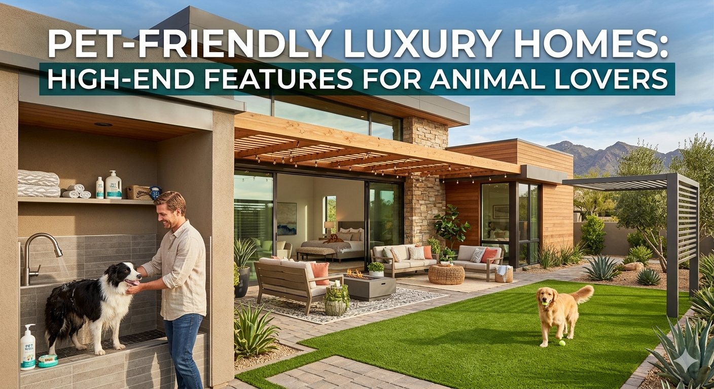 Modern Arizona luxury home featuring a pet-friendly backyard with shaded lounge areas, turf play space, indoor-outdoor living design, and a built-in dog wash station, overlaid with the text: “Pet-Friendly Luxury Homes: High-End Features for Animal Lovers”