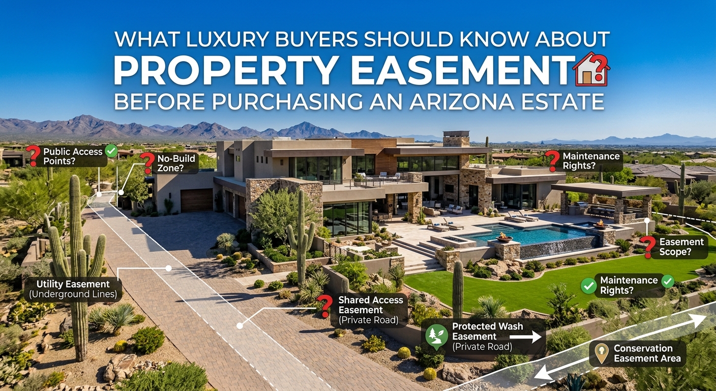 Expansive Scottsdale Arizona luxury estate with private driveway, large landscaped lot, desert surroundings, and elegant outdoor living spaces overlaid with text: What Luxury Buyers Should Know About Property Easements Before Purchasing an Arizona Estate