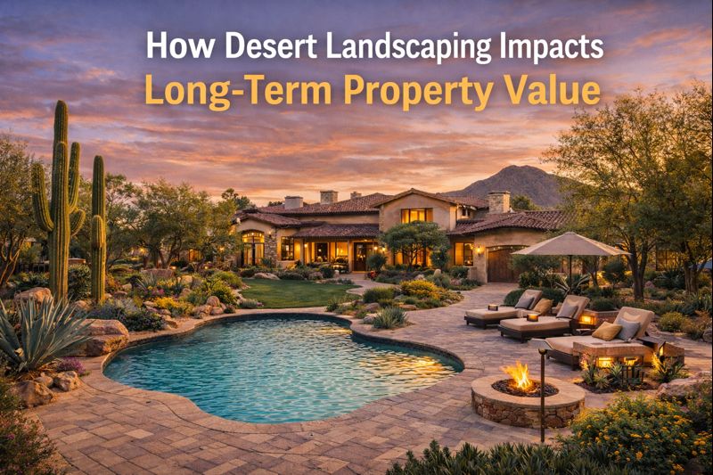 Luxury Arizona estate with lush desert landscaping, cacti, trees, and poolside terraces overlaid with How Desert Landscaping Impacts Long-Term Property Value
