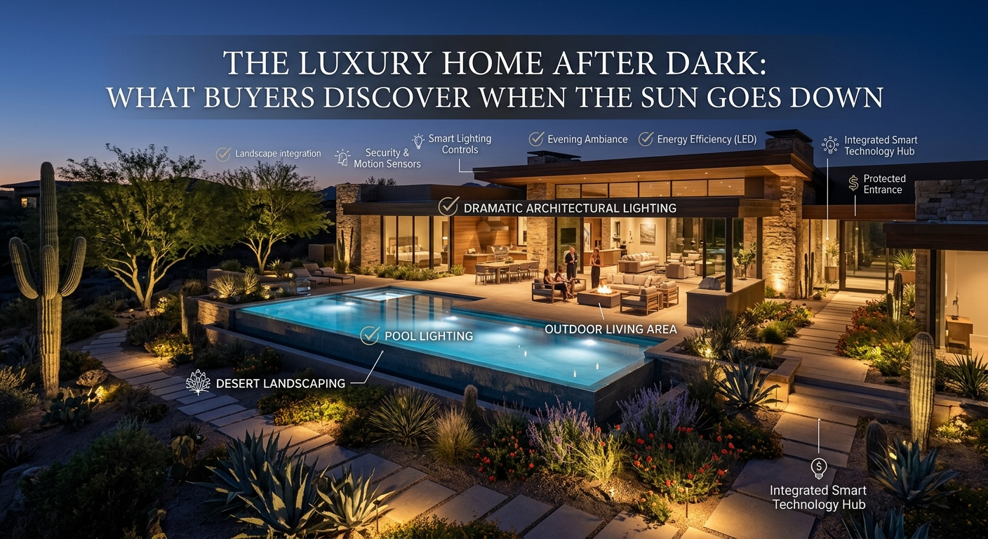 Scottsdale Arizona luxury estate illuminated at night with pool lighting, outdoor living area, desert landscaping, and dramatic architectural lighting overlaid with text: The Luxury Home After Dark: What Buyers Discover When the Sun Goes Down