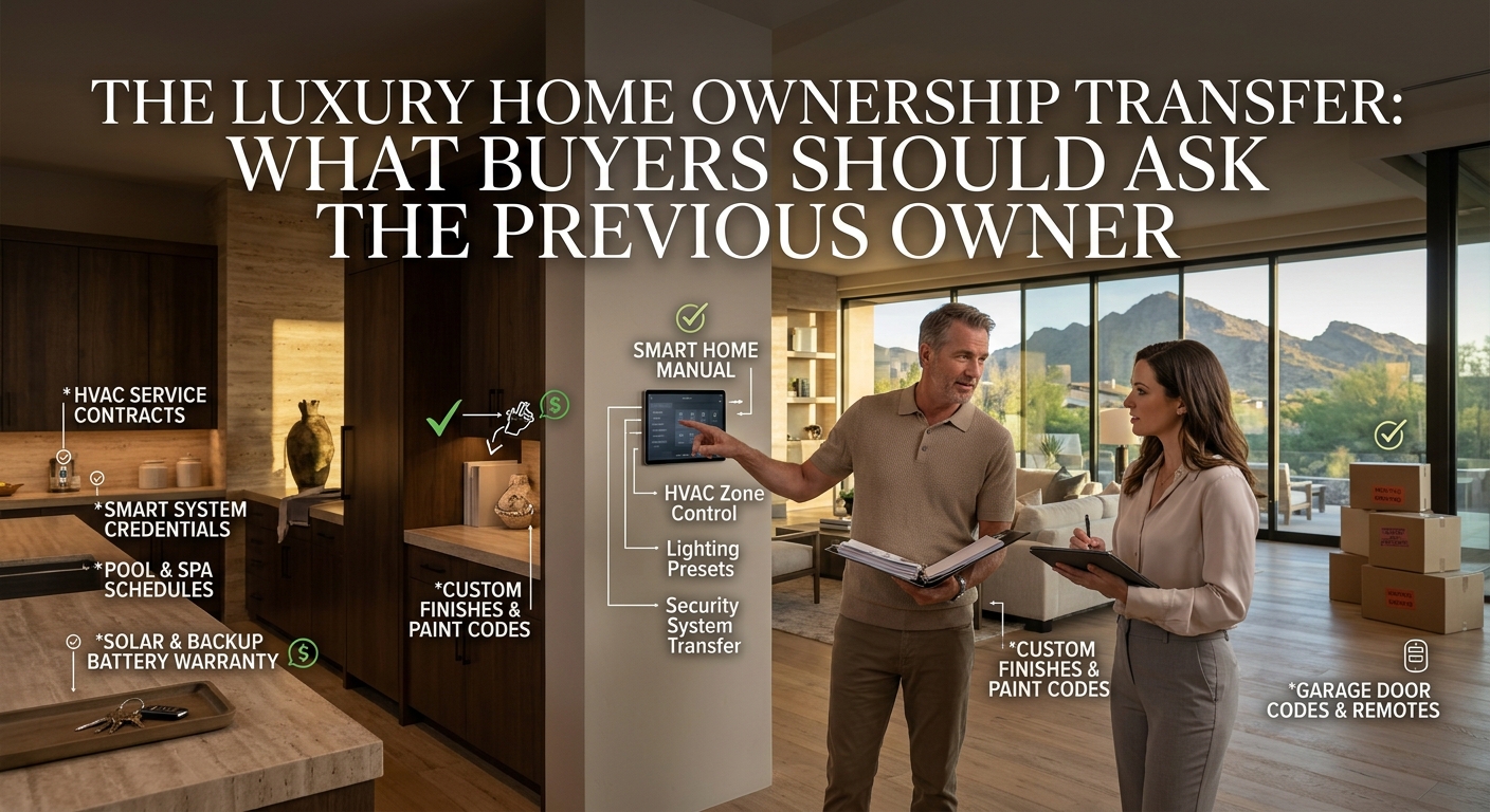 Arizona luxury homeowner discussing property systems and maintenance details during a home ownership transfer Overlaid with text: The Luxury Home Ownership Transfer: What Buyers Should Ask the Previous Owner