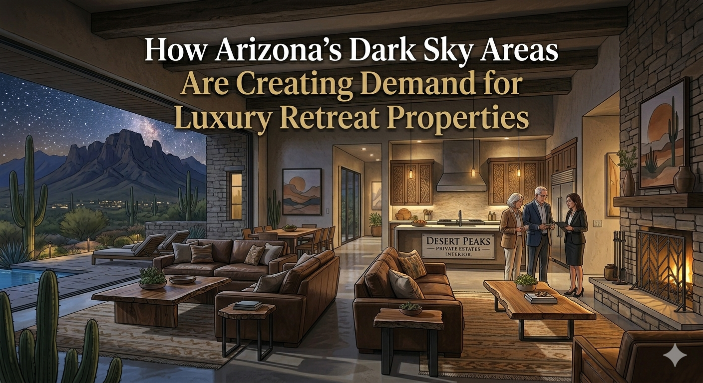 Luxury Arizona desert retreat beneath a brilliant star-filled night sky, featuring modern architecture, outdoor lounge spaces, subtle landscape lighting, and mountain silhouettes, symbolizing the growing demand for dark sky luxury properties, overlaid with the text: “How Arizona’s Dark Sky Areas Are Creating Demand for Luxury Retreat Properties”