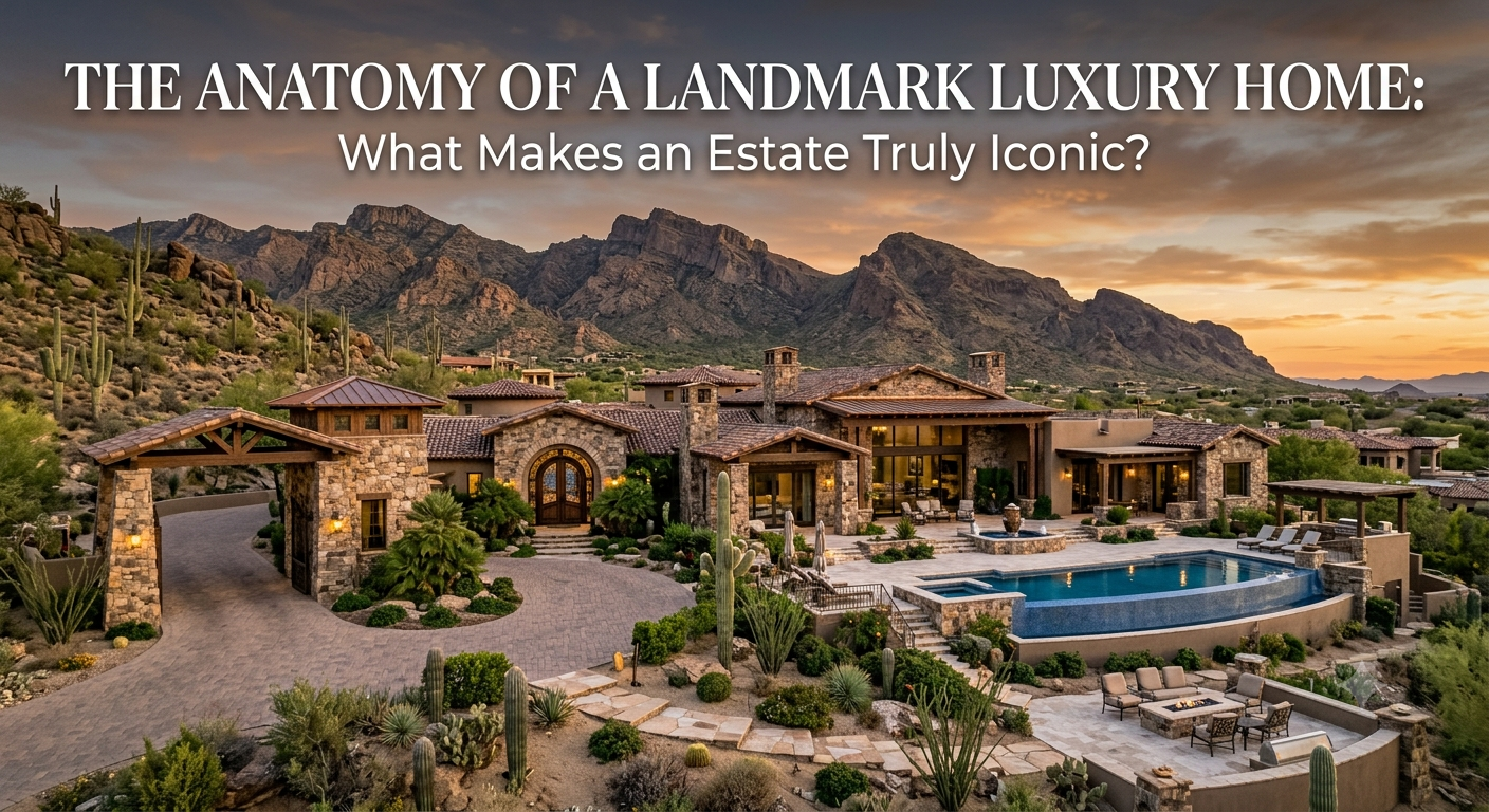 Iconic Arizona luxury estate showcasing timeless desert architecture, grand entry, natural stone exterior, expansive mountain views, resort-style outdoor living, and exceptional craftsmanship, illustrating the defining characteristics of a landmark luxury home, overlaid with the text: “The Anatomy of a Landmark Luxury Home: What Makes an Estate Truly Iconic?” 