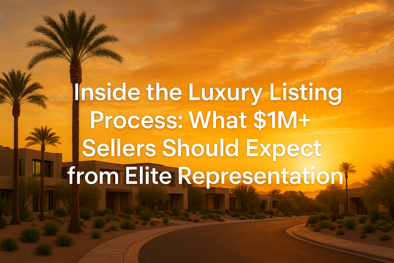 Elegant desert neighborhood at sunset featuring modern luxury homes, palm trees, and a warm golden sky, overlaid with the text:Inside the Luxury Listing Process: What $1M+ Sellers Should Expect from Elite Representation