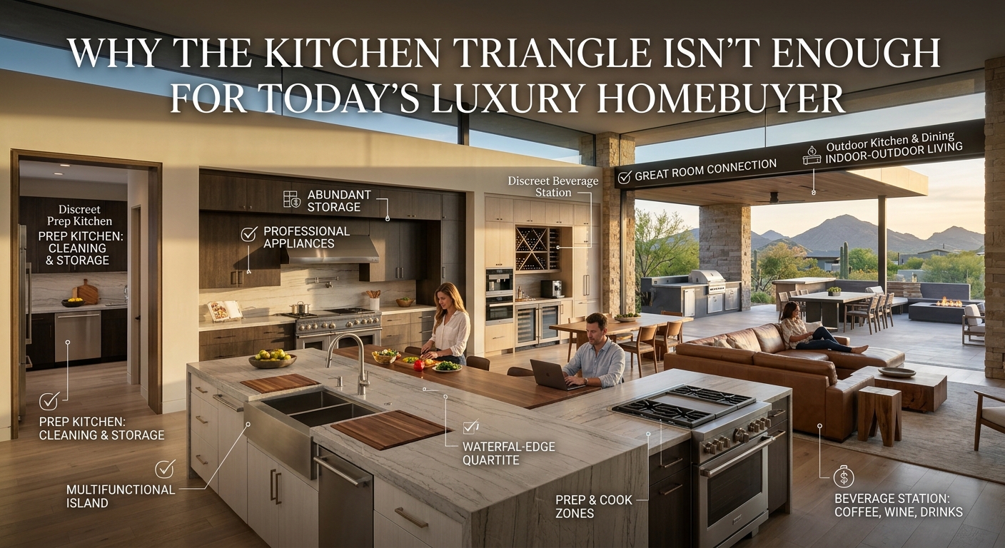 Expansive Arizona luxury kitchen with a large multifunctional island, professional appliances, separate prep kitchen, beverage station, abundant storage, open great room, and seamless connection to an outdoor kitchen and covered patio, illustrating modern luxury kitchen design beyond the traditional work triangle. overlaid with text: Why the Kitchen Triangle Isn't Enough for Today's Luxury Homebu