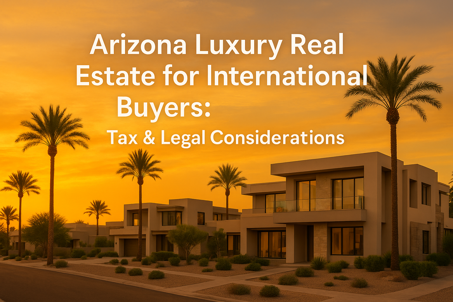 Elegant desert neighborhood at sunset featuring modern luxury homes, palm trees, and a warm golden sky, overlaid with the text: Arizona Luxury Real Estate for International Buyers: Tax & Legal Considerations