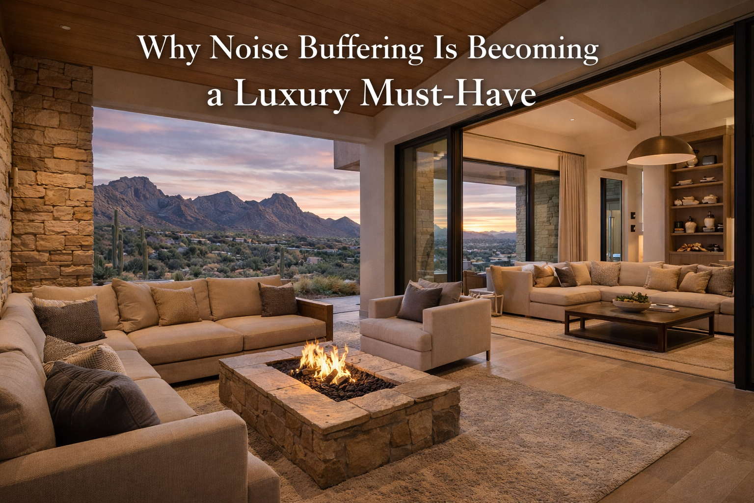 Luxury Arizona home demonstrating noise buffering with quiet outdoor and indoor living spaces overlaid with text: Why Noise Buffering Is Becoming a Luxury Must-Have