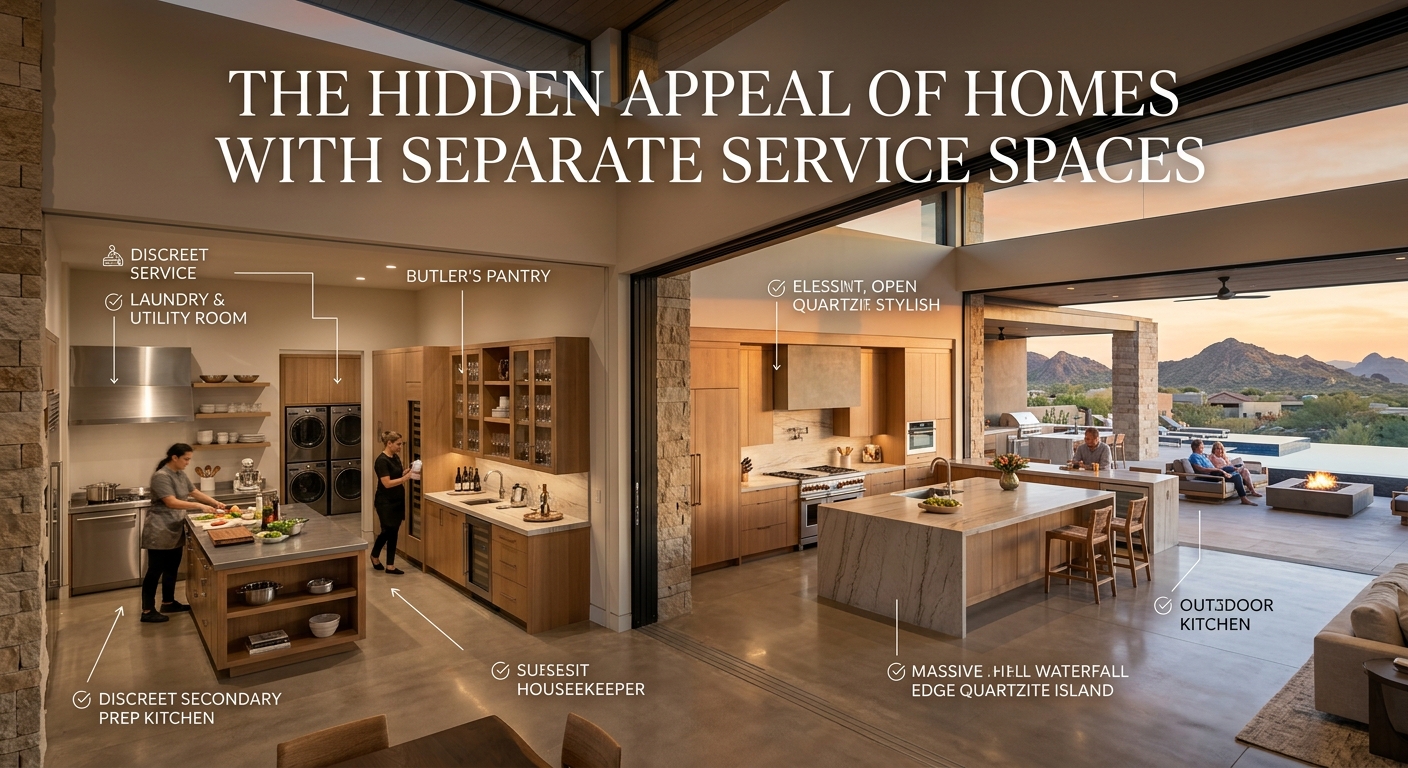Elegant Arizona luxury home featuring a sophisticated main kitchen connected to a discreet secondary prep kitchen, butler's pantry, organized service areas, and seamless indoor-outdoor living, illustrating the hidden appeal of separate service spaces in high-end estate design overlaid with text: The Hidden Appeal of Homes With Separate Service Spaces