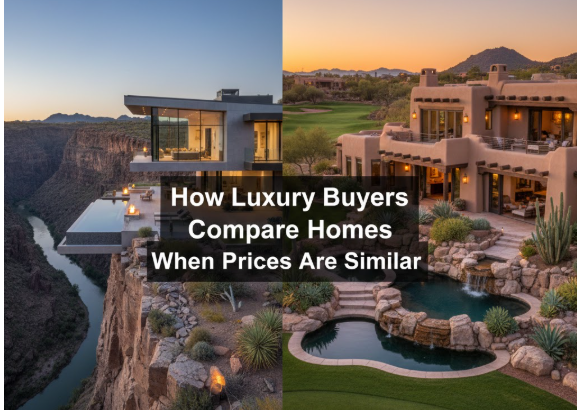  Two Arizona luxury homes side by side, highlighting differences in view, outdoor space, and architecture overlaid with text: How Luxury Buyers Compare Homes When Prices Are Similar