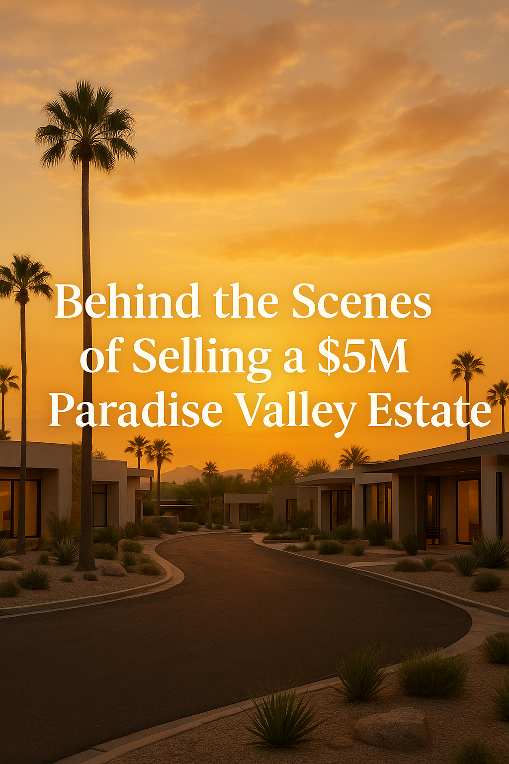 Elegant desert neighborhood at sunset featuring modern luxury homes, palm trees, and a warm golden sky, overlaid with the text: Behind the Scenes of Selling a $5M Paradise Valley Estate