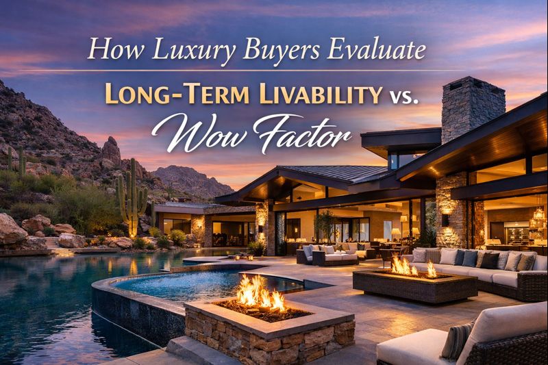 Arizona luxury home blending dramatic architecture with comfortable, functional living spaces overlaid with text: How Luxury Buyers Evaluate Long-Term Livability vs. Wow Factor