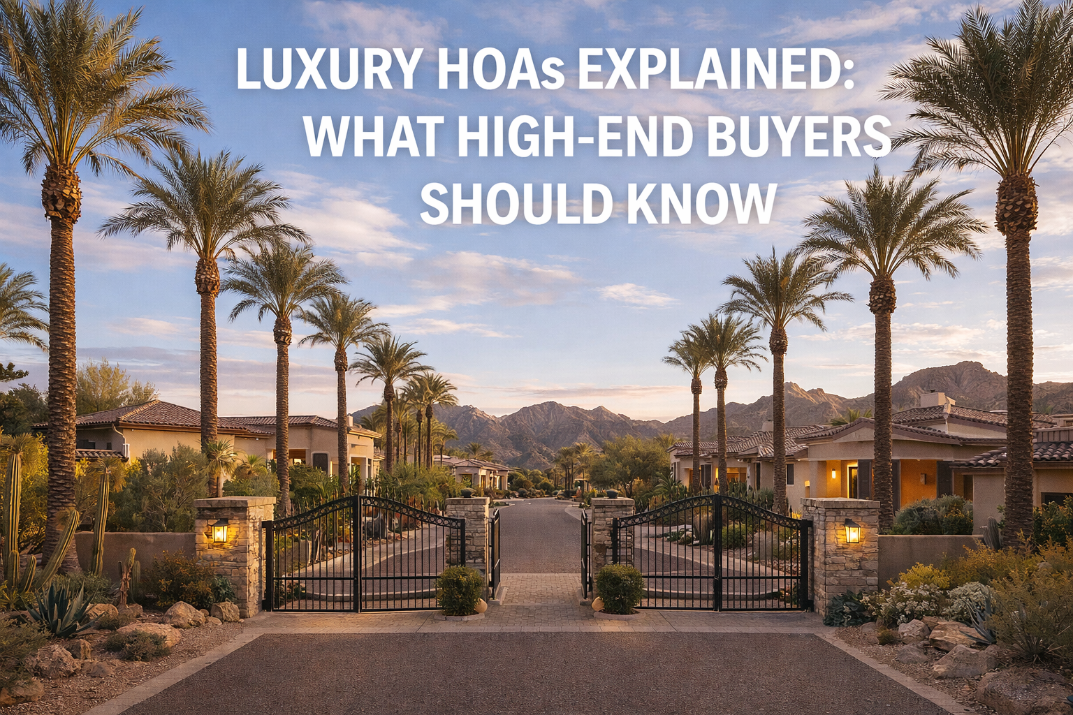 Gated Arizona luxury neighborhood with palm trees and upscale homes, overlaid with the text: “LUXURY HOAs EXPLAINED: WHAT HIGH-END BUYERS SHOULD KNOW”