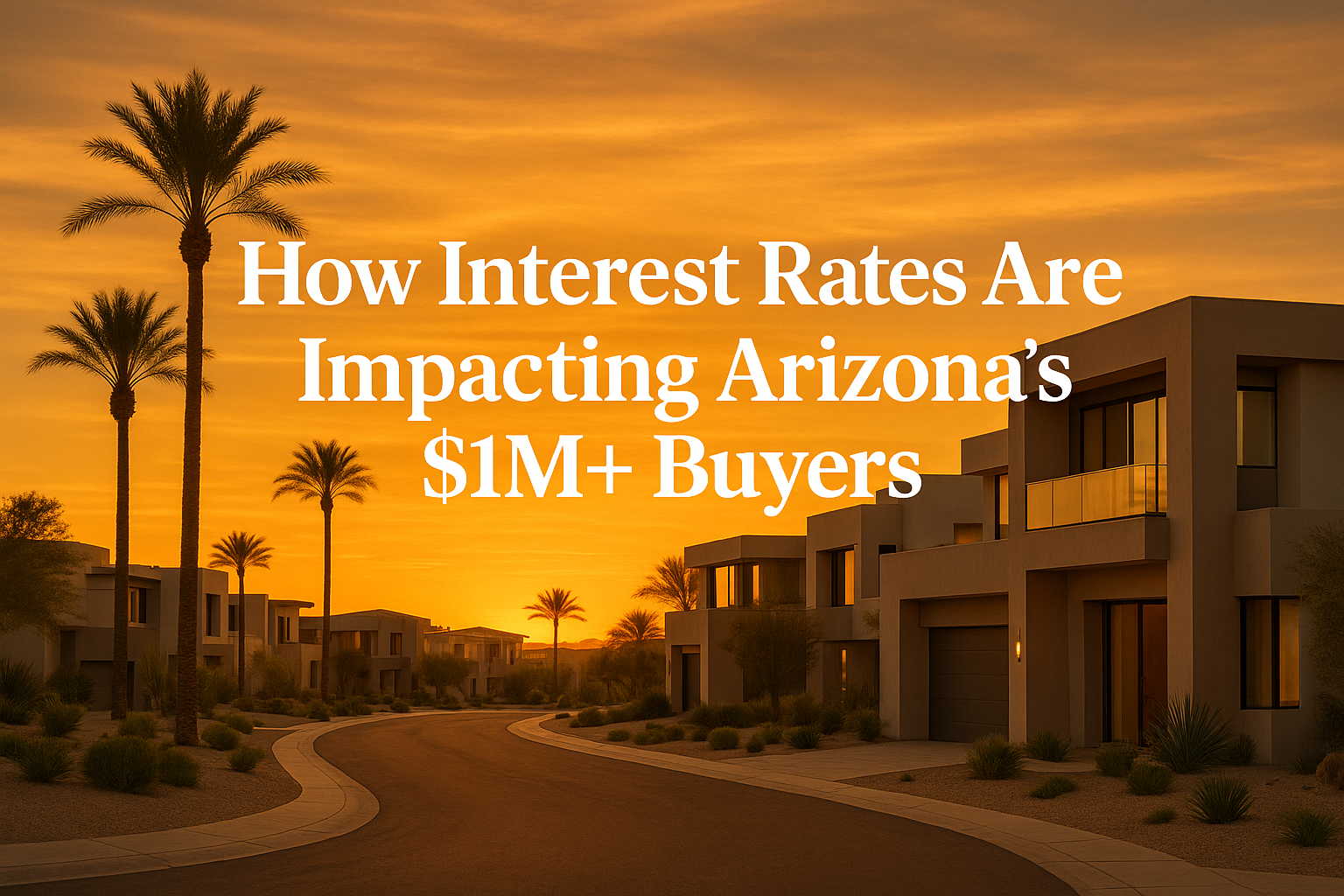 Elegant desert neighborhood at sunset featuring modern luxury homes, palm trees, and a warm golden sky with Camelback Mountain in the background, overlaid with the text “How Interest Rates Are Impacting Arizona’s $1M+ Buyers.”