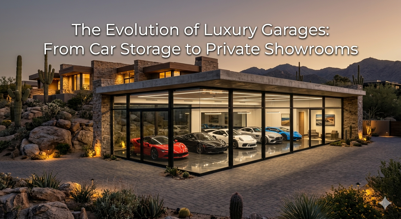 Luxury Arizona home featuring a glass-walled car gallery garage with multiple high-end vehicles on display, polished floors, architectural lighting, and modern desert estate design, overlaid with the text: “The Evolution of Luxury Garages: From Car Storage to Private Showrooms”
