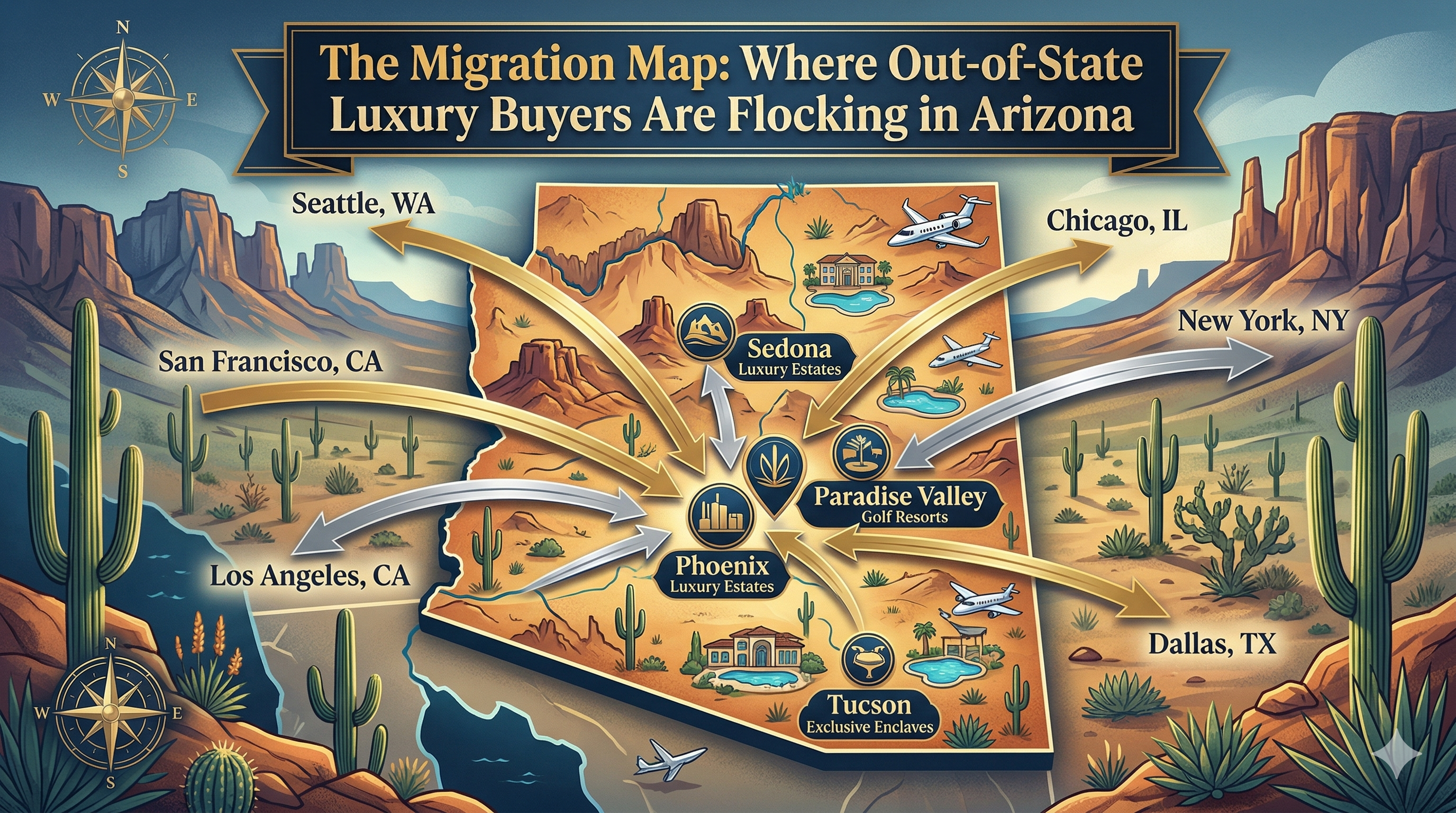  Arizona desert luxury map with migration arrows from major U.S. cities overlaid with text: The Migration Map: Where Out-of-State Luxury Buyers Are Flocking in Arizona
