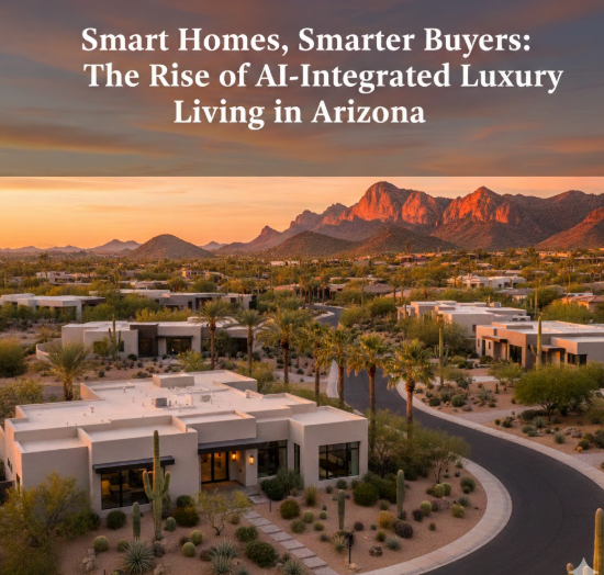 Elegant desert neighborhood at sunset featuring modern luxury homes, palm trees, and a warm golden sky, overlaid with the text:  Smart Homes, Smarter Buyers: The Rise of AI-Integrated Luxury Living in Arizona