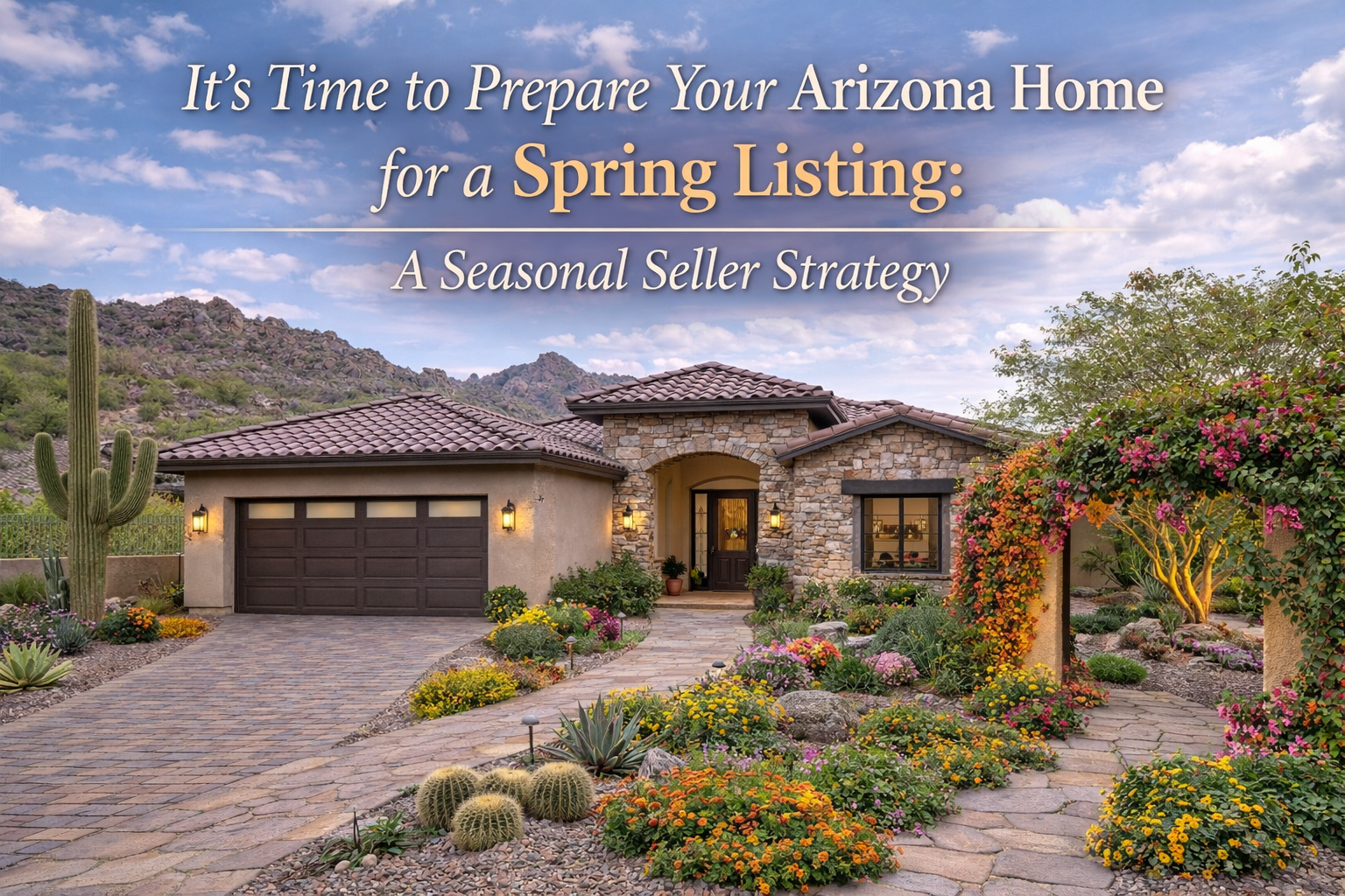 Arizona home prepared for spring listing with refreshed landscaping and curb appeal OVERLAID with text: It’s Time to Prepare Your Arizona Home for a Spring Listing: A Seasonal Seller Strategy