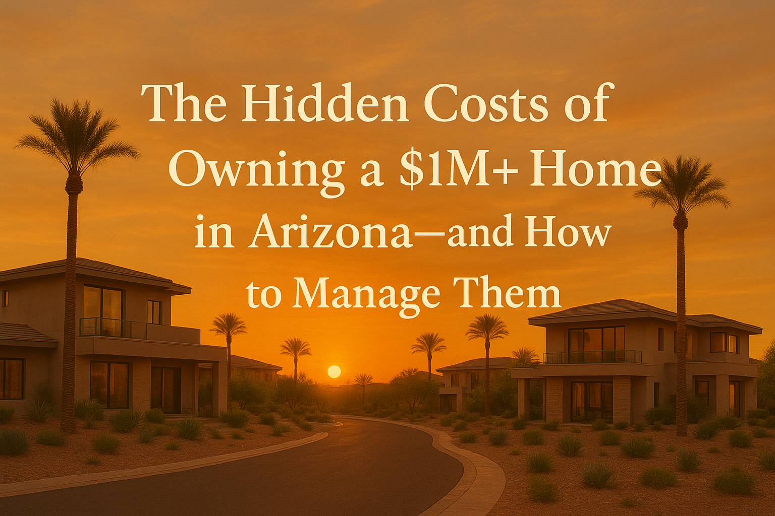 Elegant desert neighborhood at sunset featuring modern luxury homes, palm trees, and a warm golden sky, overlaid with the text:The Hidden Costs of Owning a $1M+ Home in Arizona—and How to Manage Them
