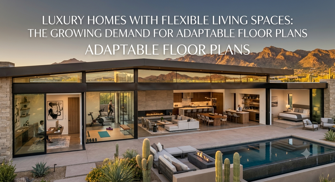 Modern Arizona luxury home featuring an adaptable open-concept floor plan with a home office, fitness studio, guest suite, indoor-outdoor living area, and flexible entertaining spaces overlooking the desert landscape, illustrating the growing demand for versatile luxury living, overlaid with the text: “Luxury Homes With Flexible Living Spaces: The Growing Demand for Adaptable Floor Plans.”