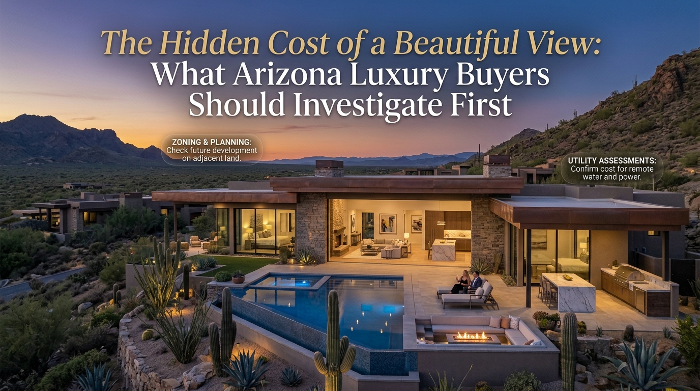 Arizona luxury home overlooking dramatic desert and mountain scenery at sunset, featuring expansive glass windows, a resort-style outdoor living area, mature desert landscaping, and distant open land overlaid with text title: The Hidden Cost of a Beautiful View: What Arizona Luxury Buyers Should Investigate First 
