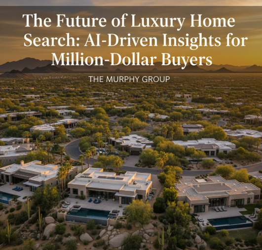 Elegant desert neighborhood at sunset featuring modern luxury homes, palm trees, and a warm golden sky, overlaid with the text: The Future of Luxury Home Search: AI-Driven Insights for Million-Dollar Buyers