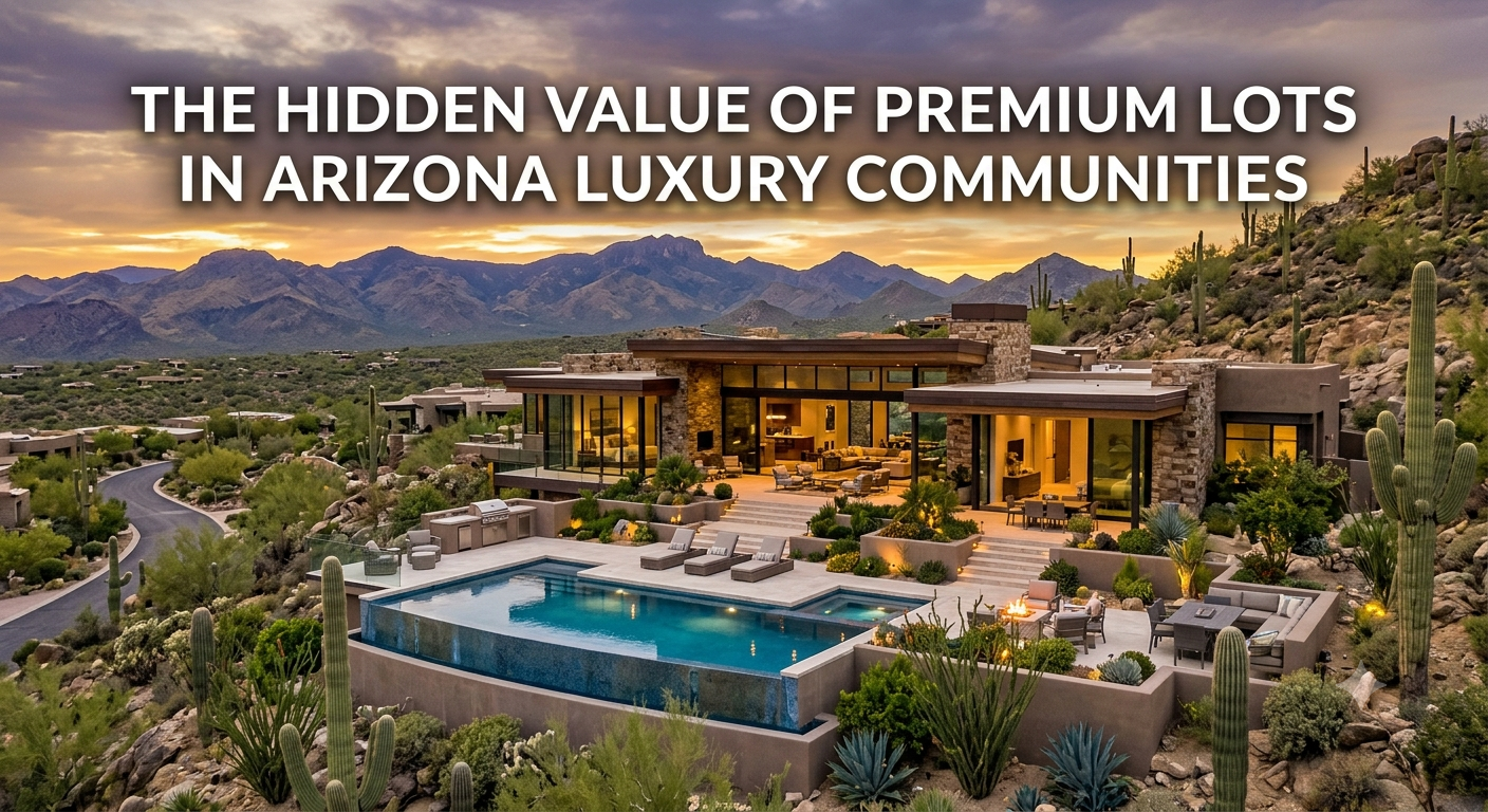 Luxury Arizona estate situated on a premium hillside lot with panoramic mountain views, expansive desert preserve surroundings, resort-style backyard, infinity pool, and exceptional privacy, illustrating the hidden value of premium lots in Arizona luxury communities, overlaid with the text: “The Hidden Value of Premium Lots in Arizona Luxury Communities.”