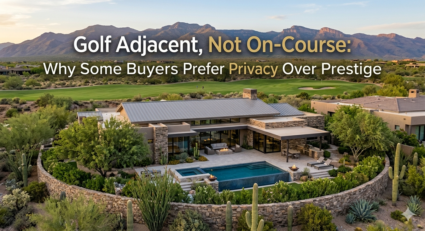 Arizona luxury home near a golf course with private backyard, desert landscaping, and mountain views, positioned away from the fairway to emphasize privacy over exposure, overlaid with the text: “Golf Adjacent, Not On-Course: Why Some Buyers Prefer Privacy Over Prestige”