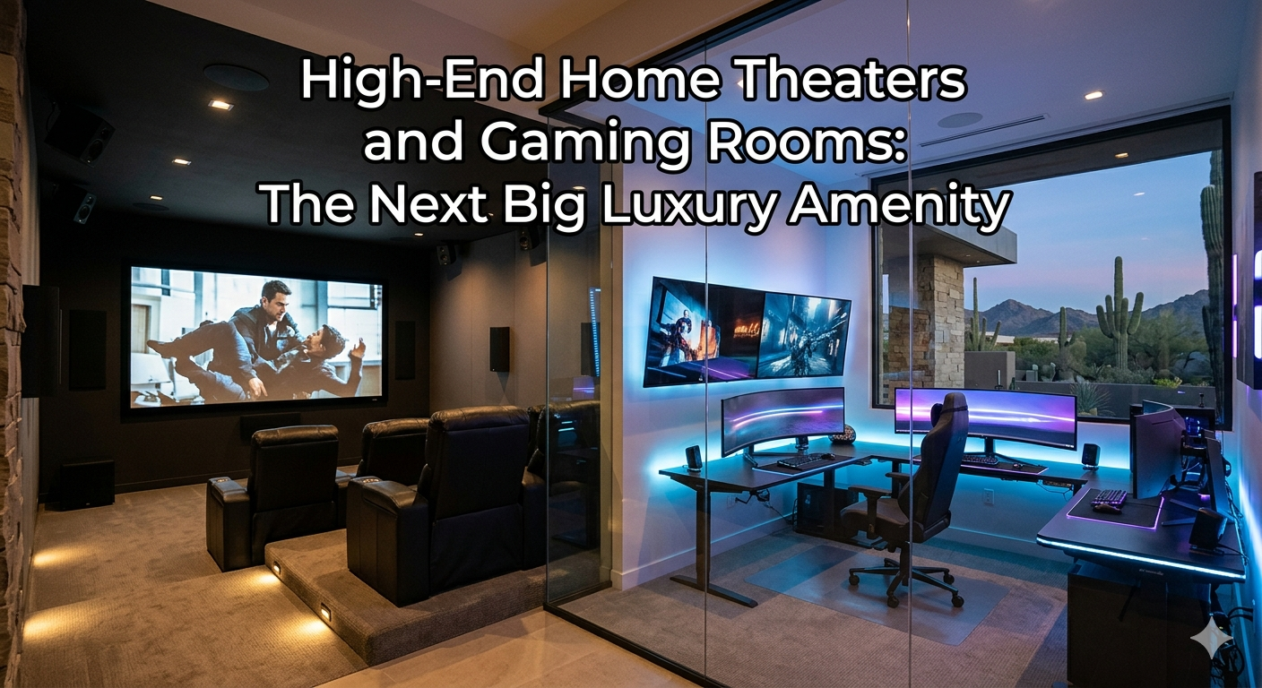 Modern Arizona luxury home featuring a private home theater with tiered seating, immersive surround sound, and a high-end gaming room with multiple screens and ambient lighting, overlaid with the text: “High-End Home Theaters and Gaming Rooms: The Next Big Luxury Amenity”