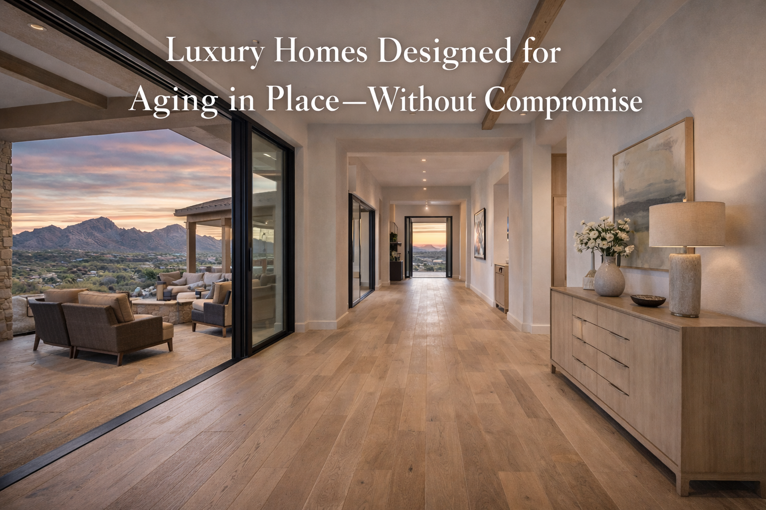 Arizona luxury home with single-level layout, wide hallways, and seamless indoor-outdoor flow overlaid with text: Luxury Homes Designed for Aging in Place—Without Compromise