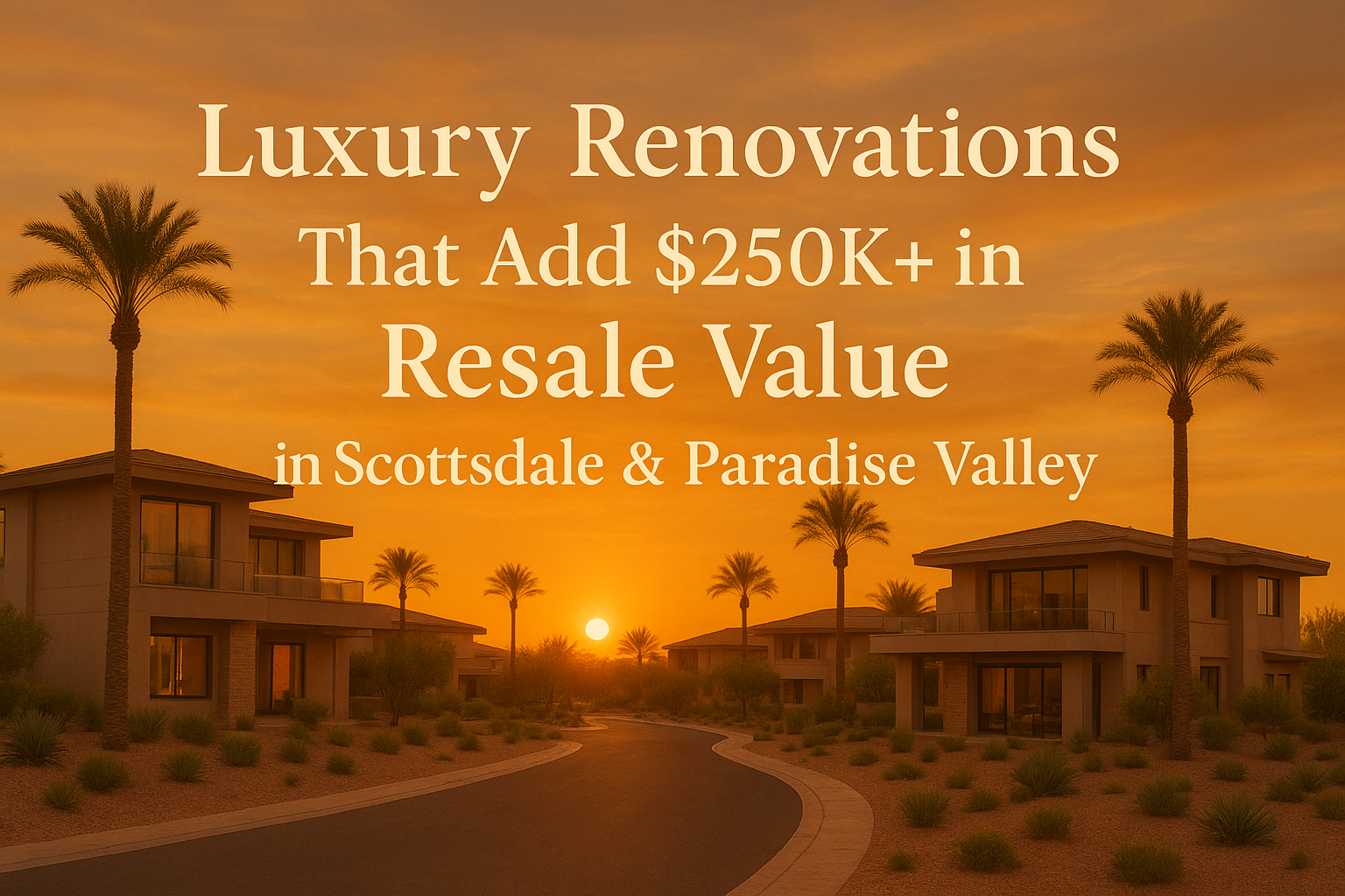  Elegant desert neighborhood at sunset featuring modern luxury homes, palm trees, and a warm golden sky, overlaid with the text:Luxury Renovations That Add $250K+ in Resale Value in Scottsdale & Paradise Valley