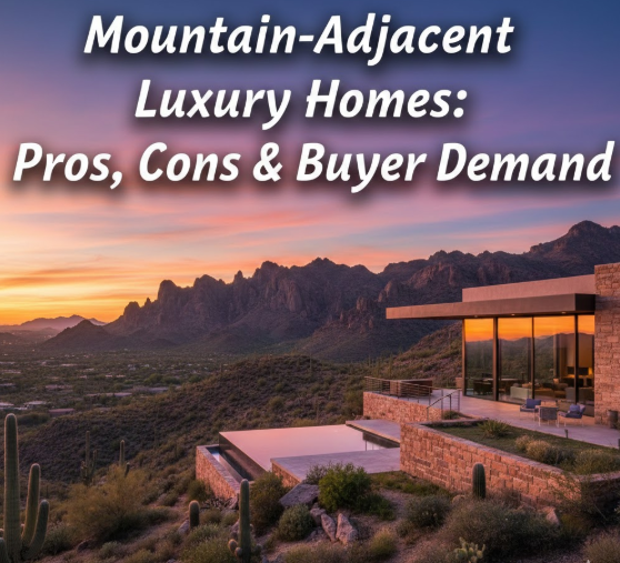 Arizona luxury home overlooking desert mountains with sunset backdrop with overlaid text:Mountain-Adjacent Luxury Homes: Pros, Cons & Buyer Demand