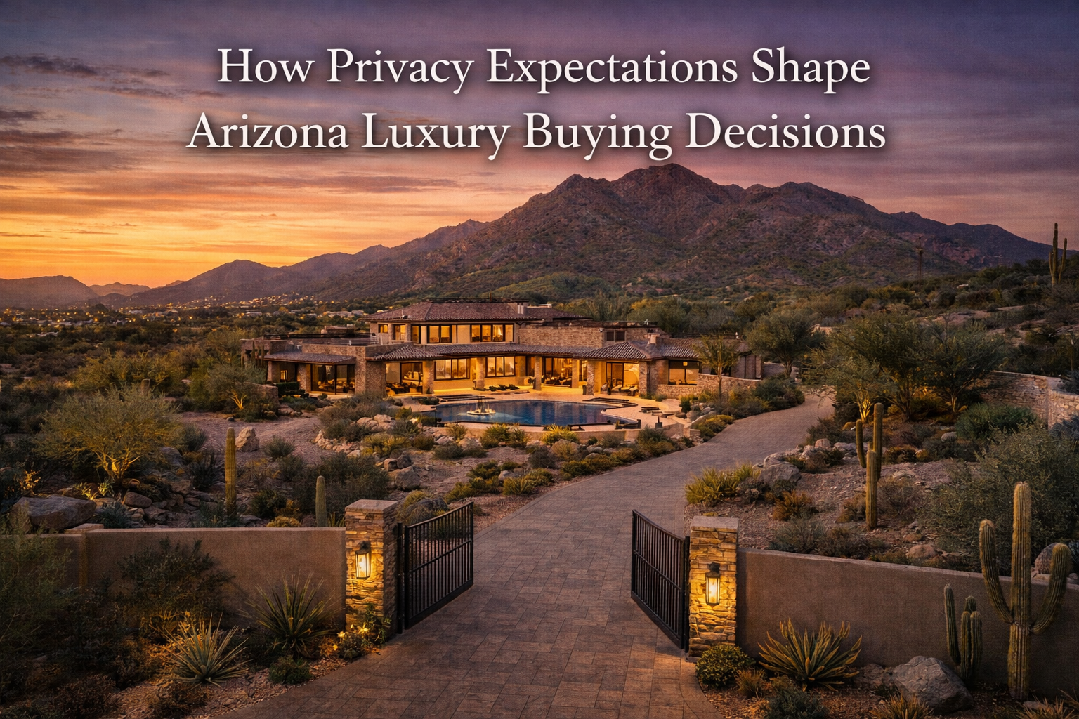 Arizona luxury estate with natural desert buffers, gated entry, and secluded outdoor living spaces overlaid with text: How Privacy Expectations Shape Arizona Luxury Buying Decisions