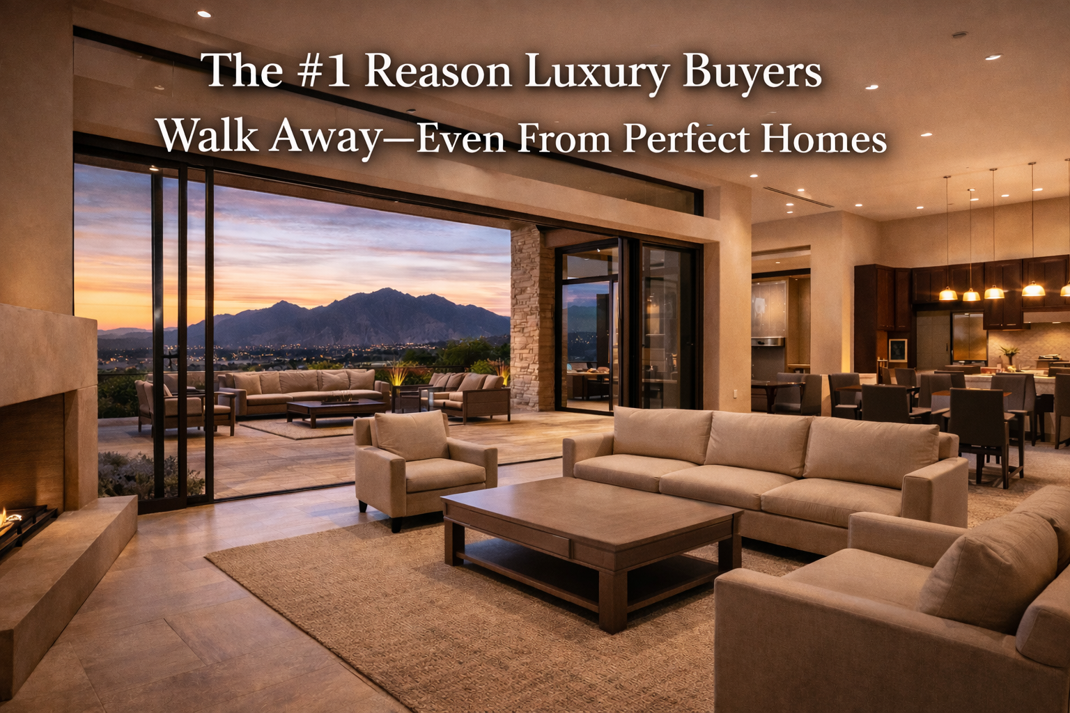 Elegant Arizona luxury home interior with pristine finishes and an empty, impersonal feel overlaid with text: The #1 Reason Luxury Buyers Walk Away—Even From Perfect Homes
