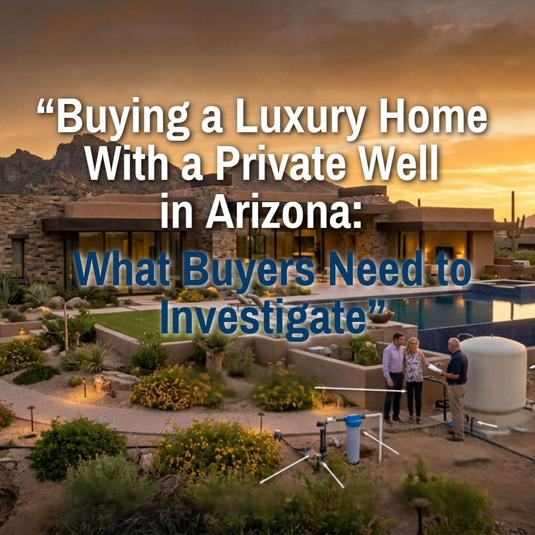  Arizona luxury estate on a private desert property with a landscaped yard, mountain views, and a private well water system overlaid with text: Buying a Luxury Home With a Private Well in Arizona: What Buyers Need to Investigate