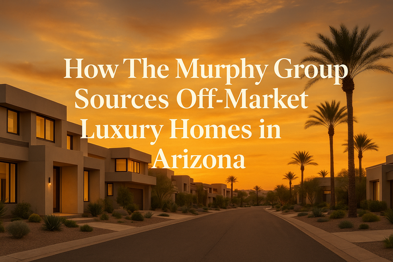 Elegant desert neighborhood at sunset featuring modern luxury homes, palm trees, and a warm golden sky, overlaid with the text:How The Murphy Group Sources Off-Market Luxury Homes in Arizona