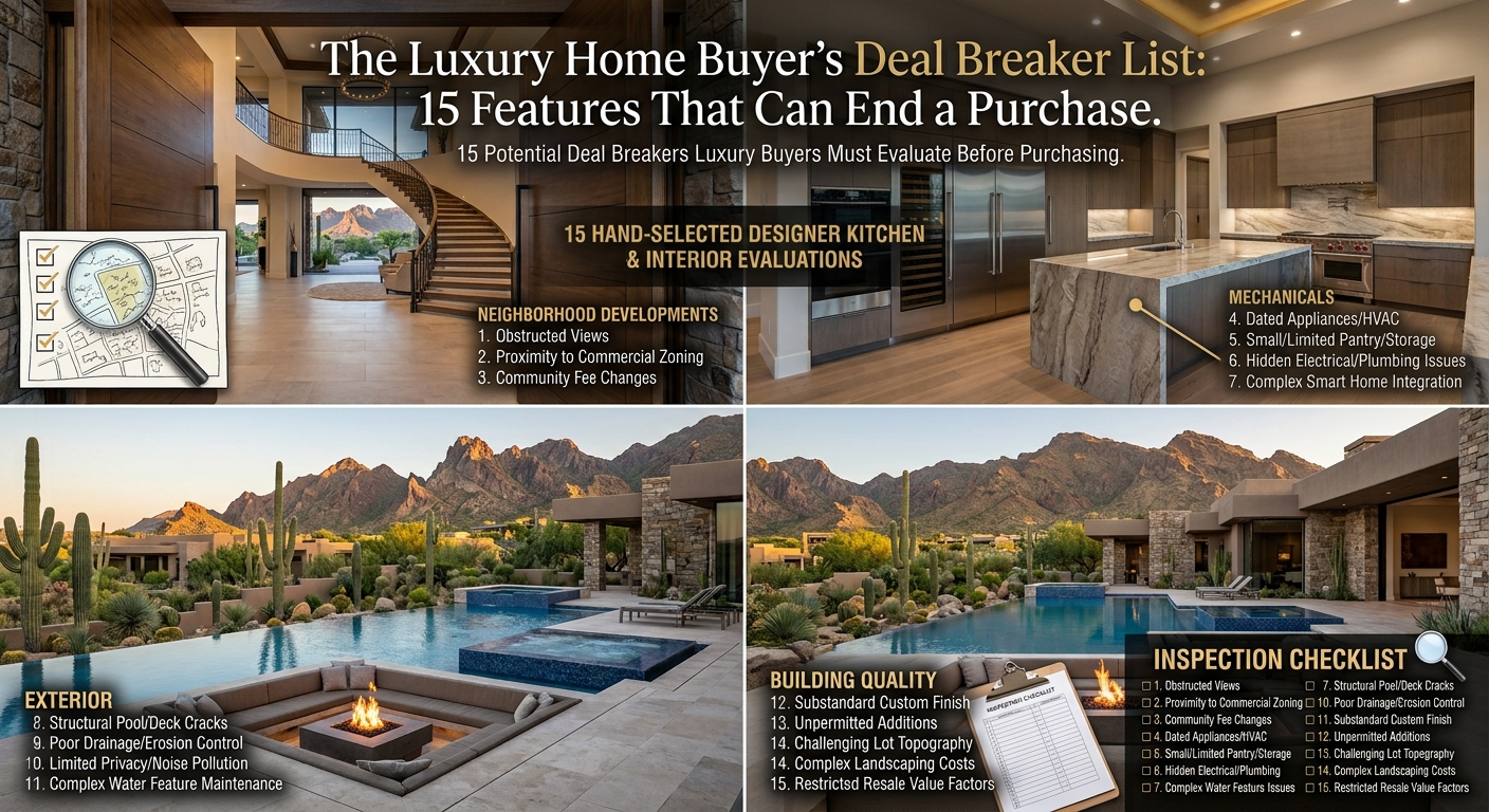 Luxury Arizona home interior and exterior showing a dramatic entryway, designer kitchen, resort-style pool, desert landscaping, mountain views, and inspection checklist, illustrating 15 potential deal breakers luxury buyers should evaluate before purchasing, overlaid with the text: “The Luxury Home Buyer's Deal Breaker List: 15 Features That Can End a Purchase.”