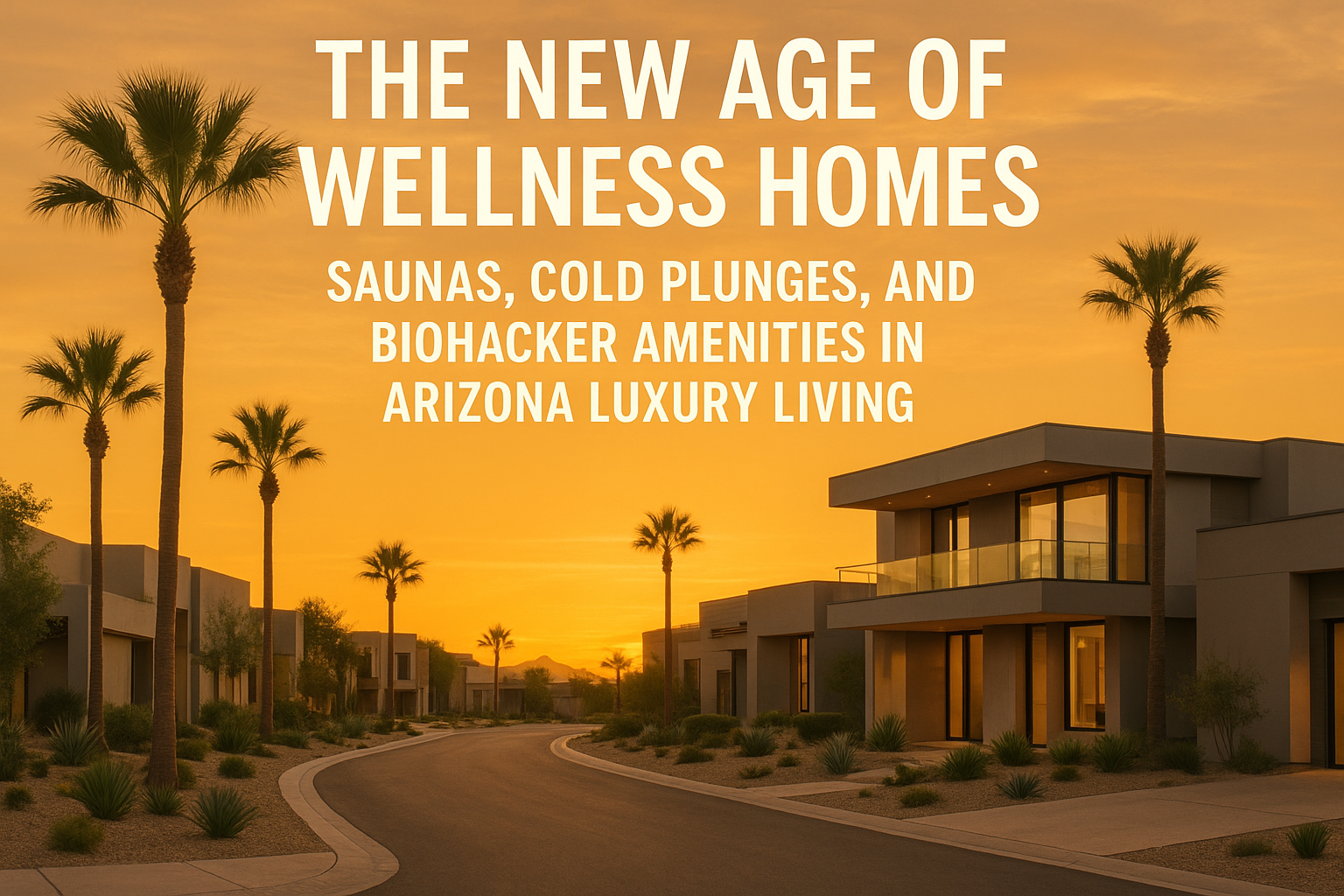 Elegant desert neighborhood at sunset featuring modern luxury homes, palm trees, and a warm golden sky, overlaid with the text: The New Age of Wellness Homes: Saunas, Cold Plunges, and Biohacker Amenities in Arizona Luxury Living