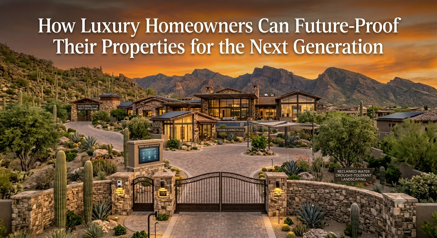 Contemporary Arizona luxury home featuring timeless architecture, solar-ready design, expansive indoor-outdoor living, smart home technology, drought-tolerant landscaping, and flexible living spaces, illustrating how homeowners can future-proof luxury properties for the next generation, overlaid with the text: “How Luxury Homeowners Can Future-Proof Their Properties for the Next Generation” 