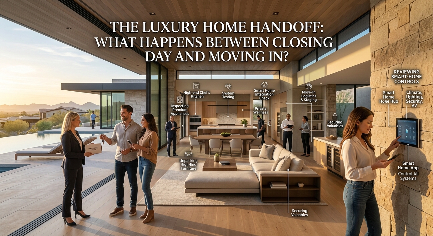 Elegant Arizona luxury home on closing and move-in day with new homeowners receiving keys, reviewing smart-home controls, inspecting a sophisticated interior, and preparing to settle into a modern Scottsdale estate, representing the luxury home handoff between closing and moving in overlaid with text: The Luxury Home Handoff: What Happens Between Closing Day and Moving In? 