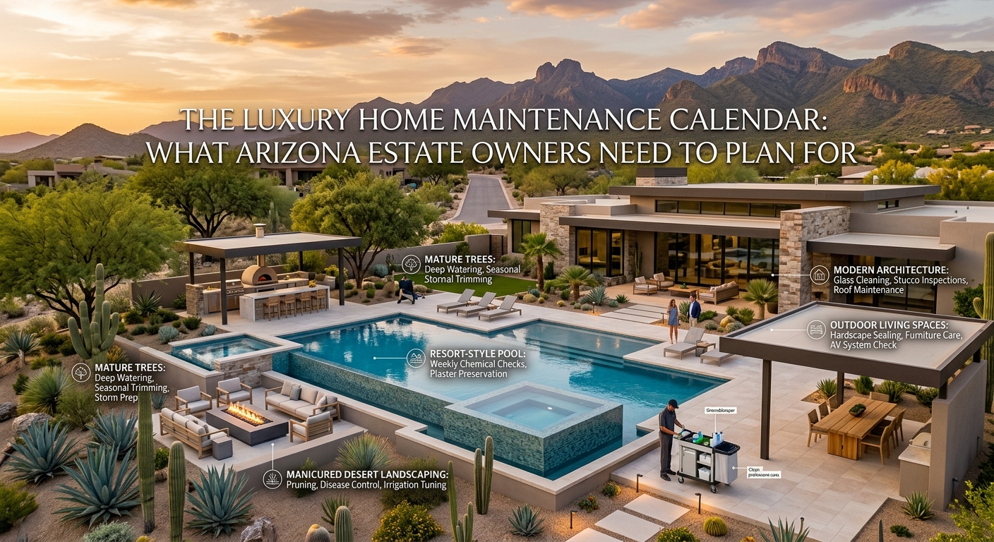 Arizona luxury estate with a resort-style pool, manicured desert landscaping, mature trees, outdoor living spaces, and modern architecture, representing the seasonal maintenance and year-round care required to preserve a high-end Arizona property overlaid with text: The Luxury Home Maintenance Calendar: What Arizona Estate Owners Need to Plan For 