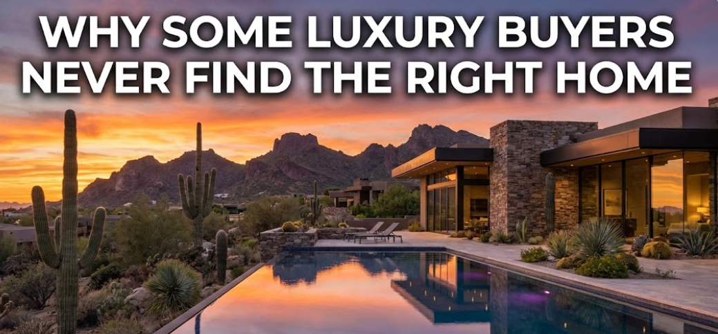 Arizona luxury home at sunset with desert landscaping and mountain views, overlaid with the text: “WHY SOME LUXURY BUYERS NEVER FIND THE RIGHT HOME”