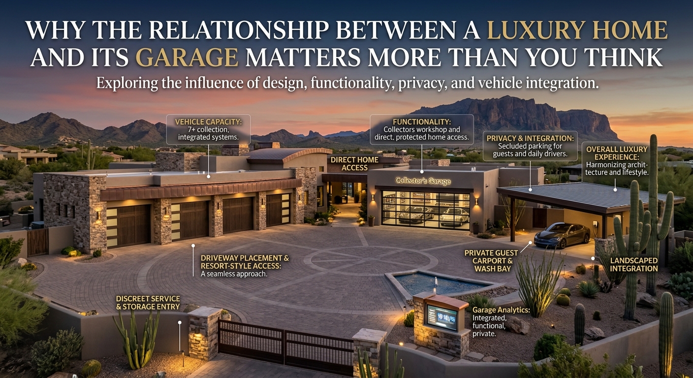 Arizona luxury home featuring a spacious multi-car garage integrated into an elegant desert-style residence, with a landscaped driveway, motor court, storage areas, and direct home access, illustrating how garage placement, functionality, privacy, vehicle capacity, and design can influence the overall luxury home experience with overlaid text: Why the Relationship Between a Luxury Home and Its Garage Matters More Than You Think 