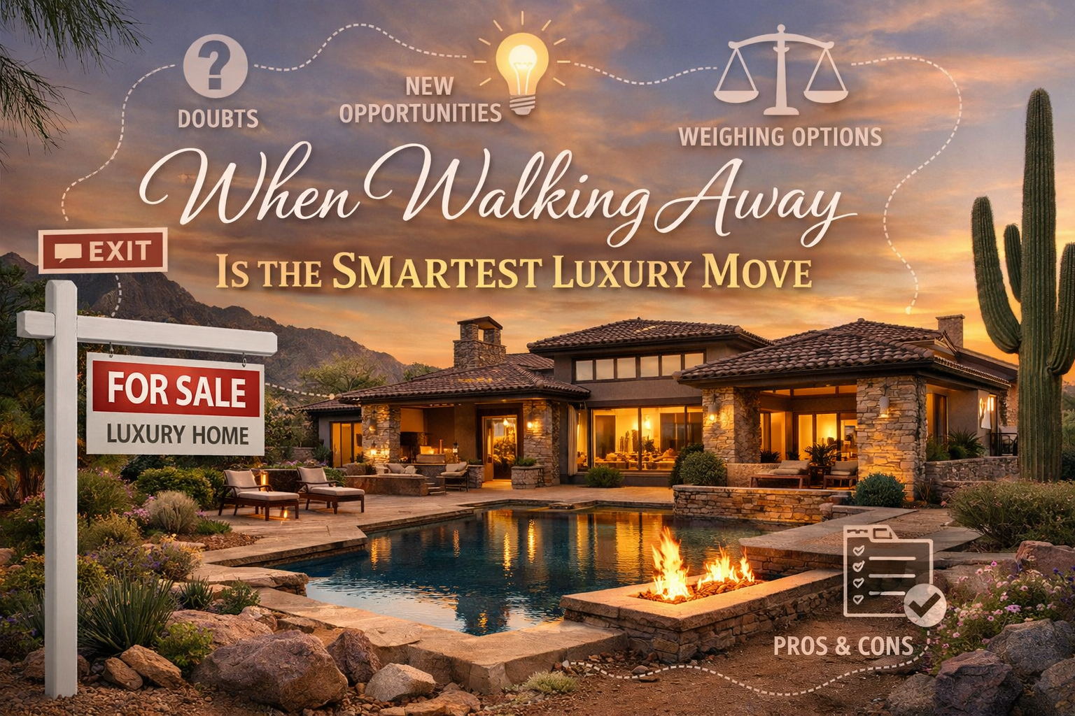 Elegant Arizona luxury home with a “For Sale” sign and thoughtful decision-making overlay overlaid with text: When Walking Away Is the Smartest Luxury Move