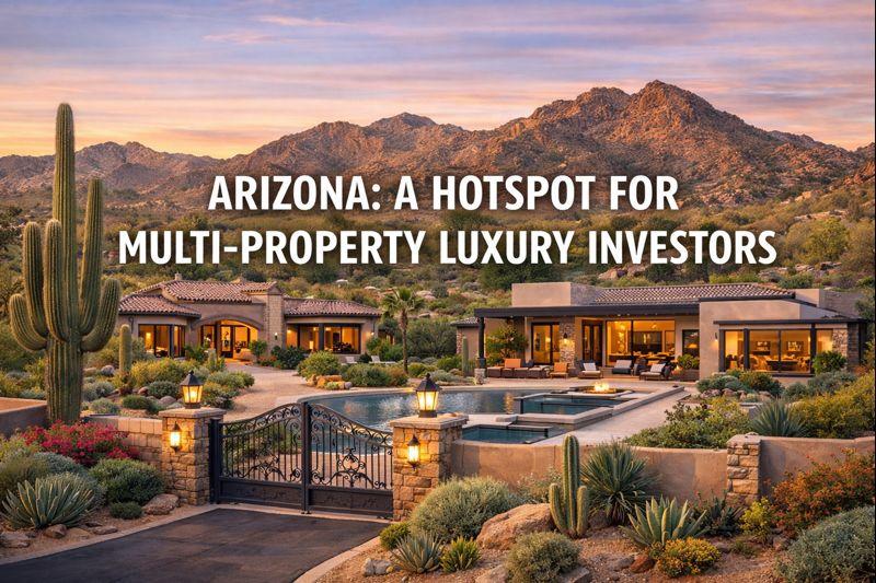 Arizona luxury homes with desert landscaping and mountain views, overlaid with the text: “ARIZONA: A HOTSPOT FOR MULTI-PROPERTY LUXURY INVESTORS”