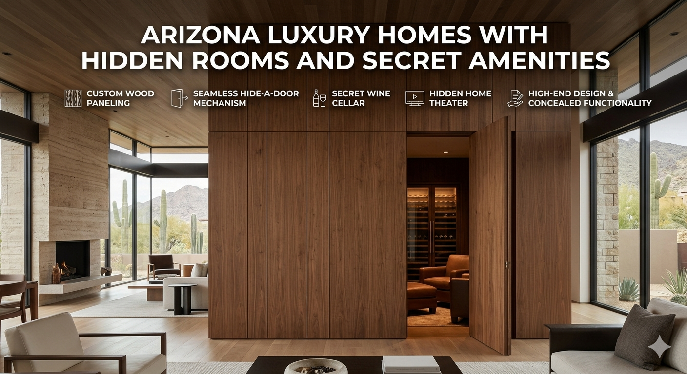 Modern Arizona luxury home interior featuring a hidden door built into wood paneling leading to a secret room, showcasing clean architectural design and concealed functionality, overlaid with the text: “Arizona Luxury Homes with Hidden Rooms and Secret Amenities”