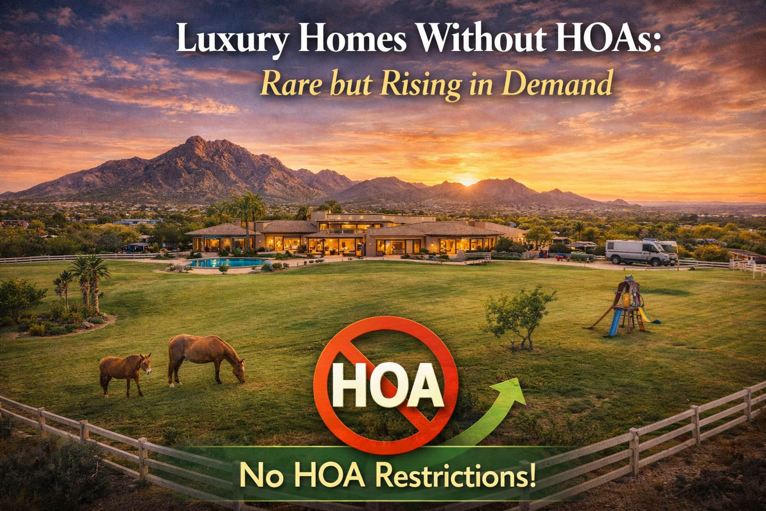 Arizona luxury estate with open grounds, highlighting freedom from HOA restrictions overlaid with the text: Luxury Homes Without HOAs: Rare but Rising in Demand
