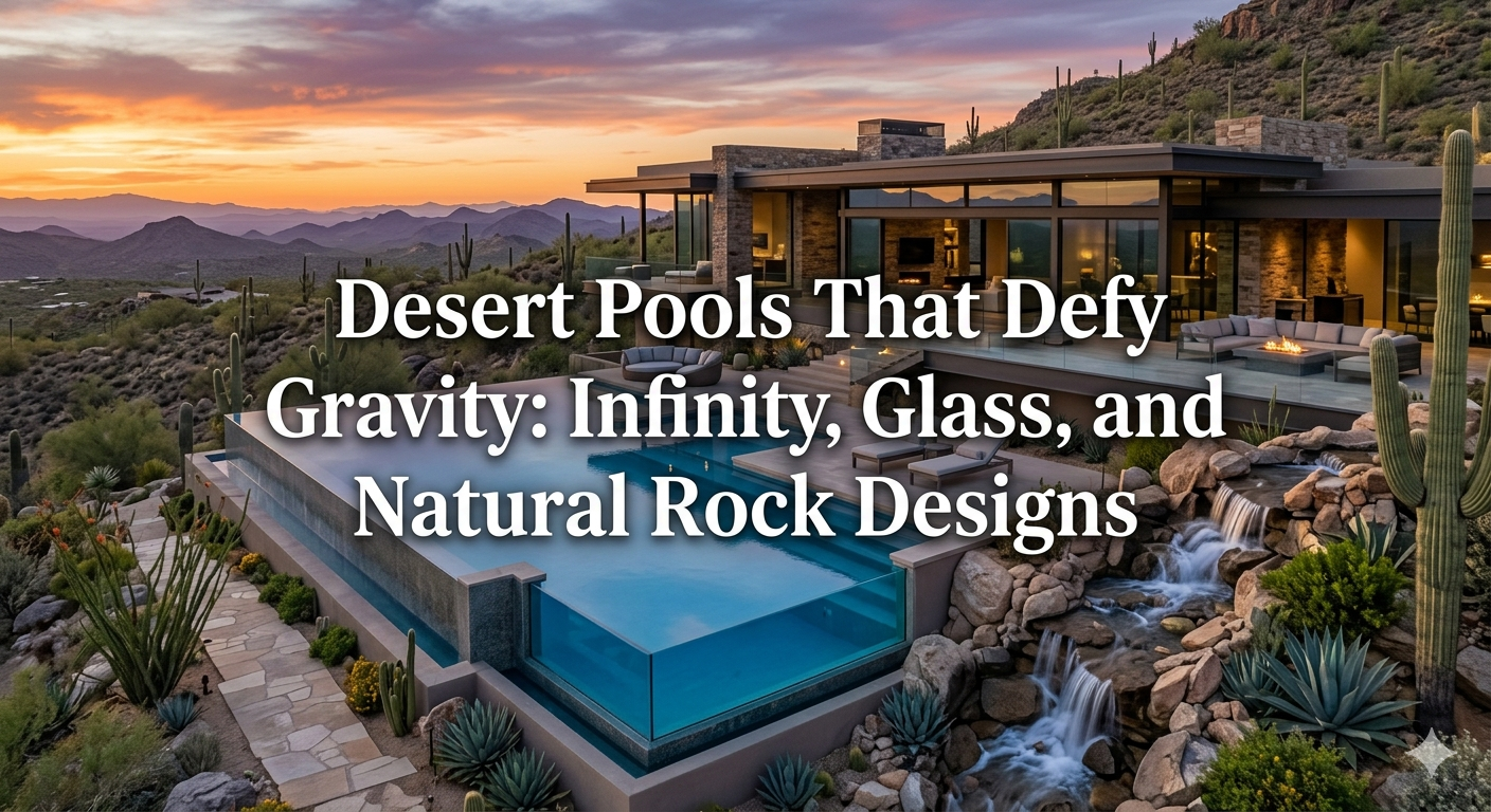 Ultra-luxury Arizona desert estate featuring an infinity-edge pool overlooking mountain views, modern glass-wall pool section, and natural rock waterfall design integrated into desert landscaping, overlaid with the text: “Desert Pools That Defy Gravity: Infinity, Glass, and Natural Rock Designs”